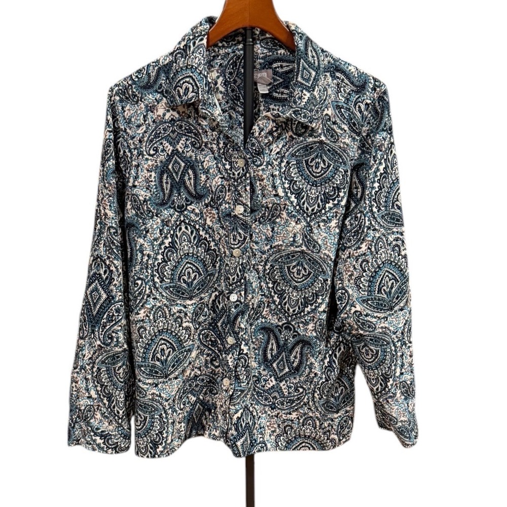 Chicos Blue Paisley Corduroy Button Down Shirt Cotton Long Sleeve Size 3 XL prep